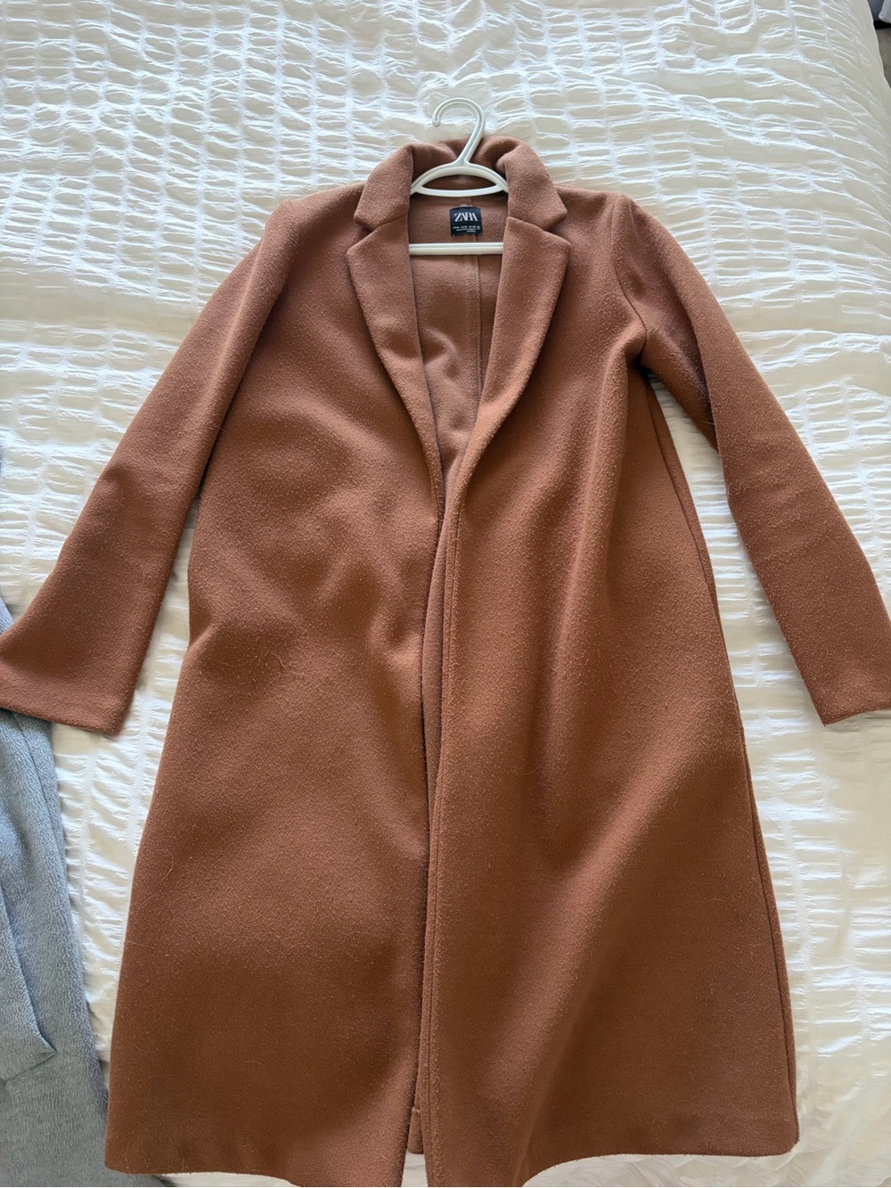 Zara Long Rust-Brown Wool-Blend Trench Coat